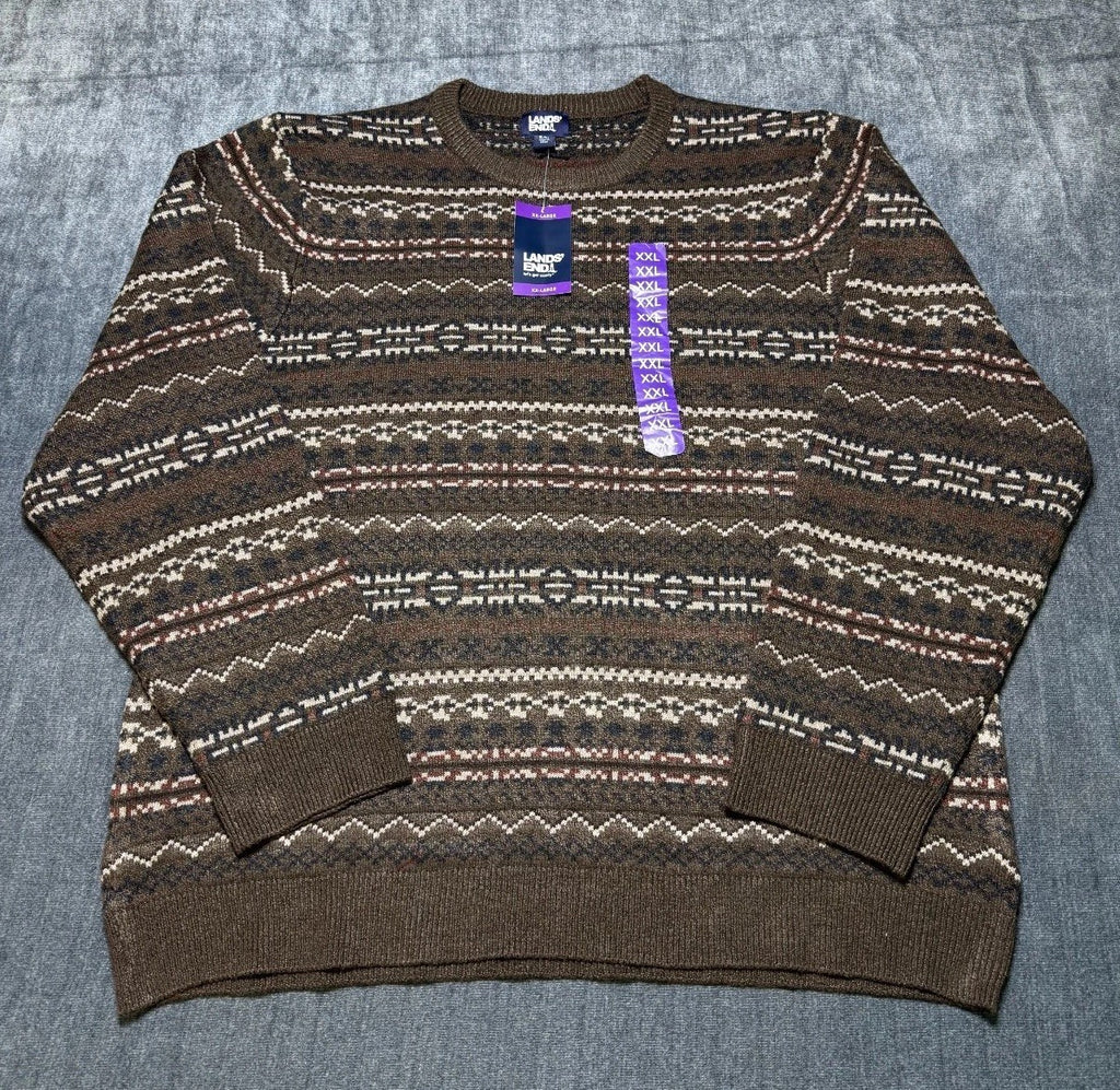 NWT Land's End Long Sleeve Knitted Crew Neck Fair Isle Sweater Men's 2XL Brown