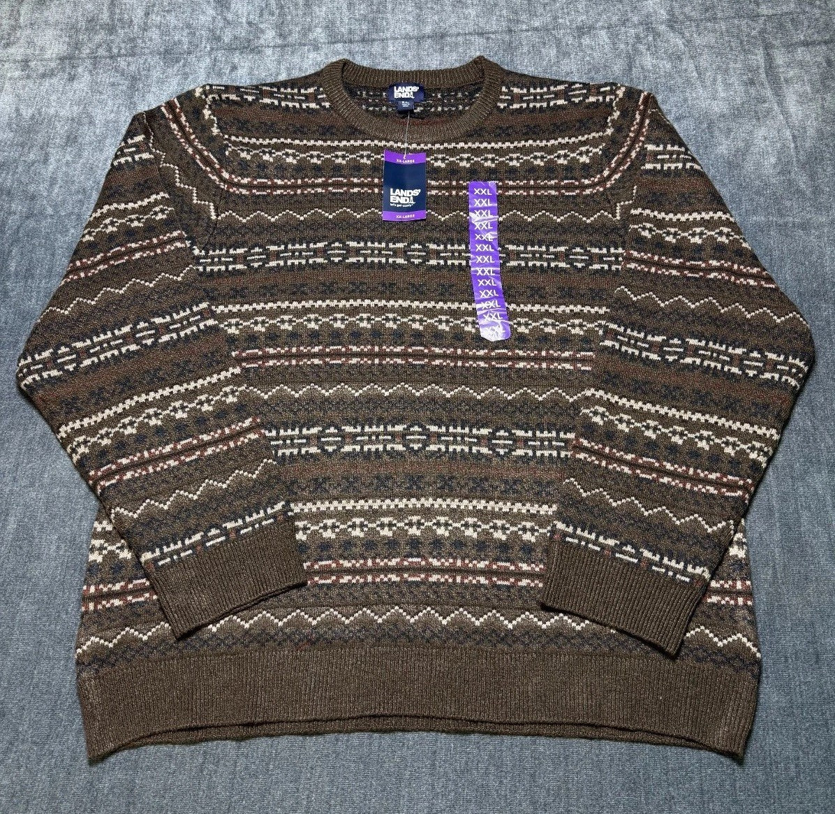 NWT Land's End Long Sleeve Knitted Crew Neck Fair Isle Sweater Men's 2XL Brown