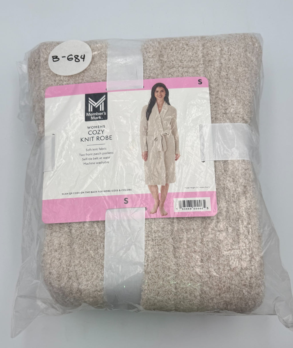 NWT Member's Mark Cozy Knit Robe Women's Small Beige Tie Belt Patch Pockets
