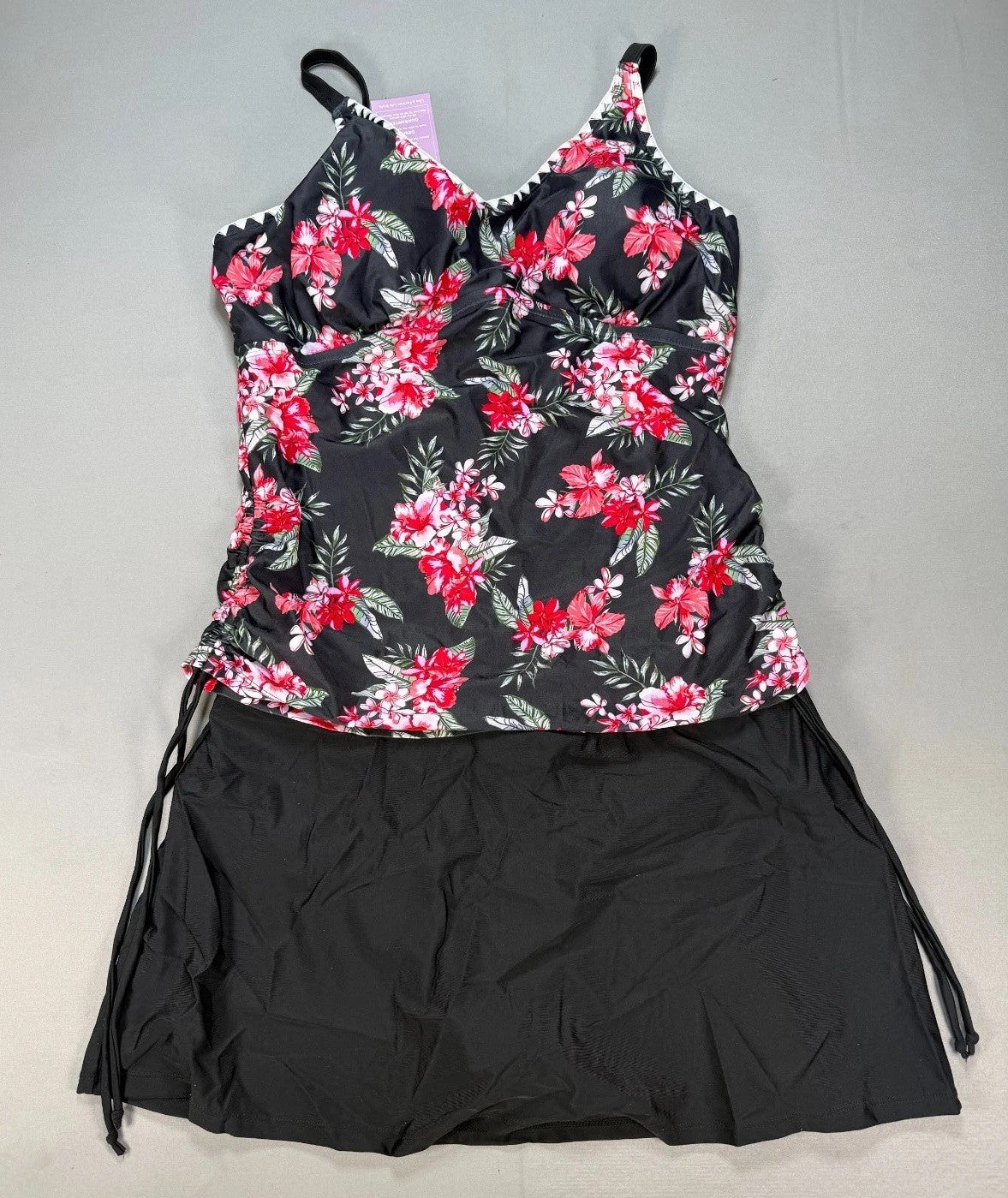 Gracyoga Two Piece Tankini V-Neck Swimsuit Women XL Black Pink Floral Skirt