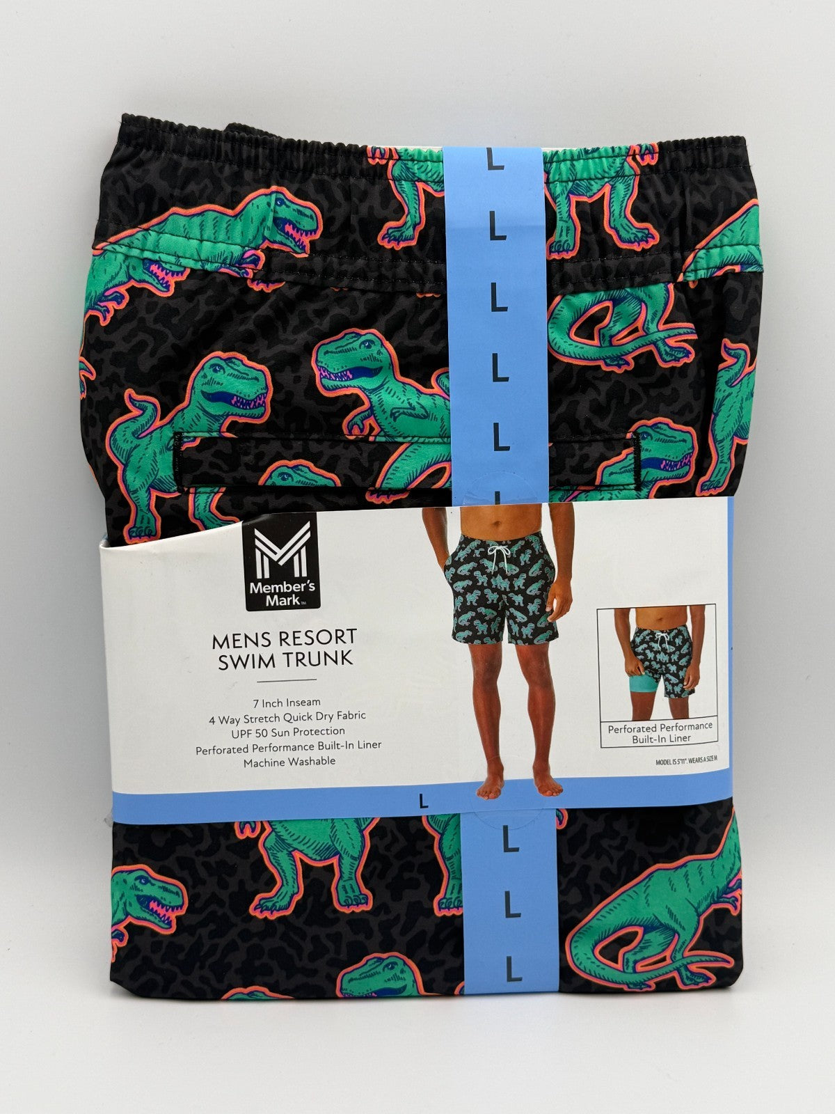 NWT Member's Mark Resort Swim Trunks Men's Large Black Dinosaur Lined 7" Inseam