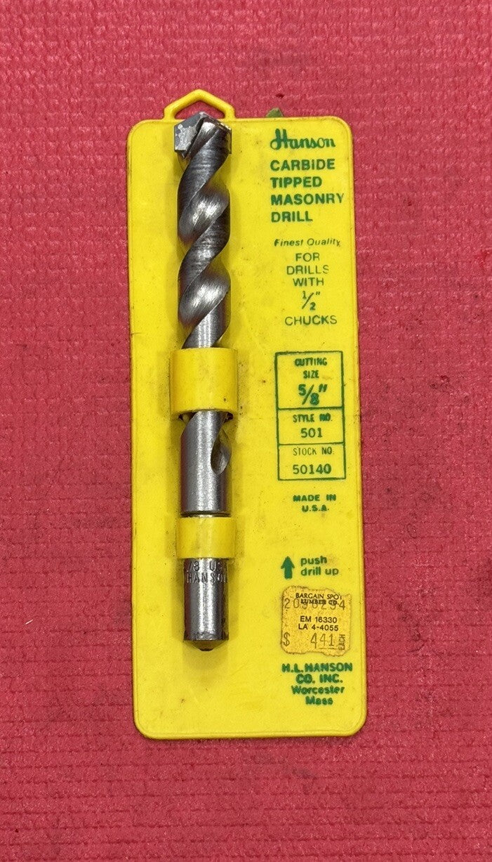 HANSON BY IRWIN 50140 CARBIDE TIPPED MASONRY DRILL CUTS 5/8" for 1/2" Chucks USA