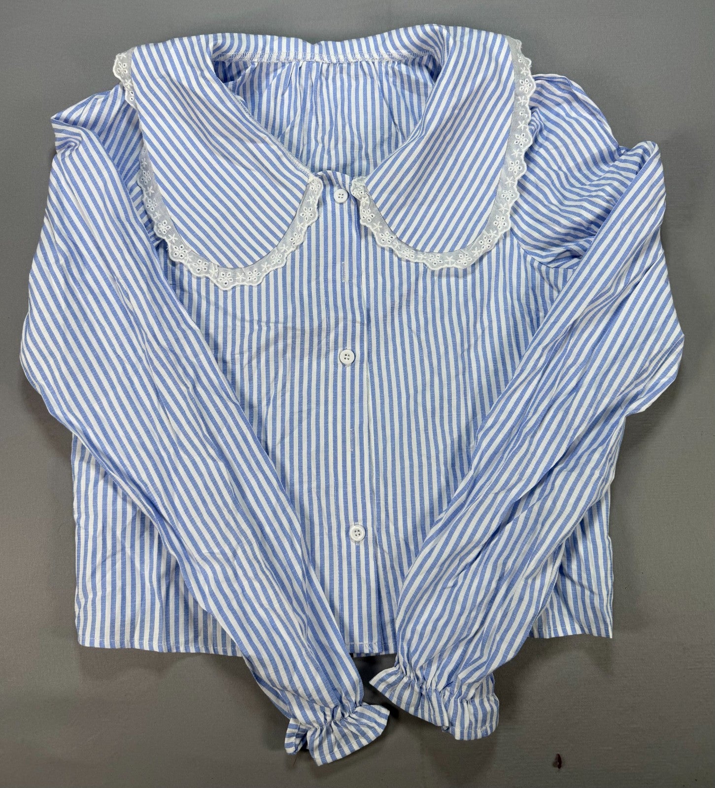Floerns Striped Button Down Blouse Womens XS Blue White Lace Collar Preppy Shirt