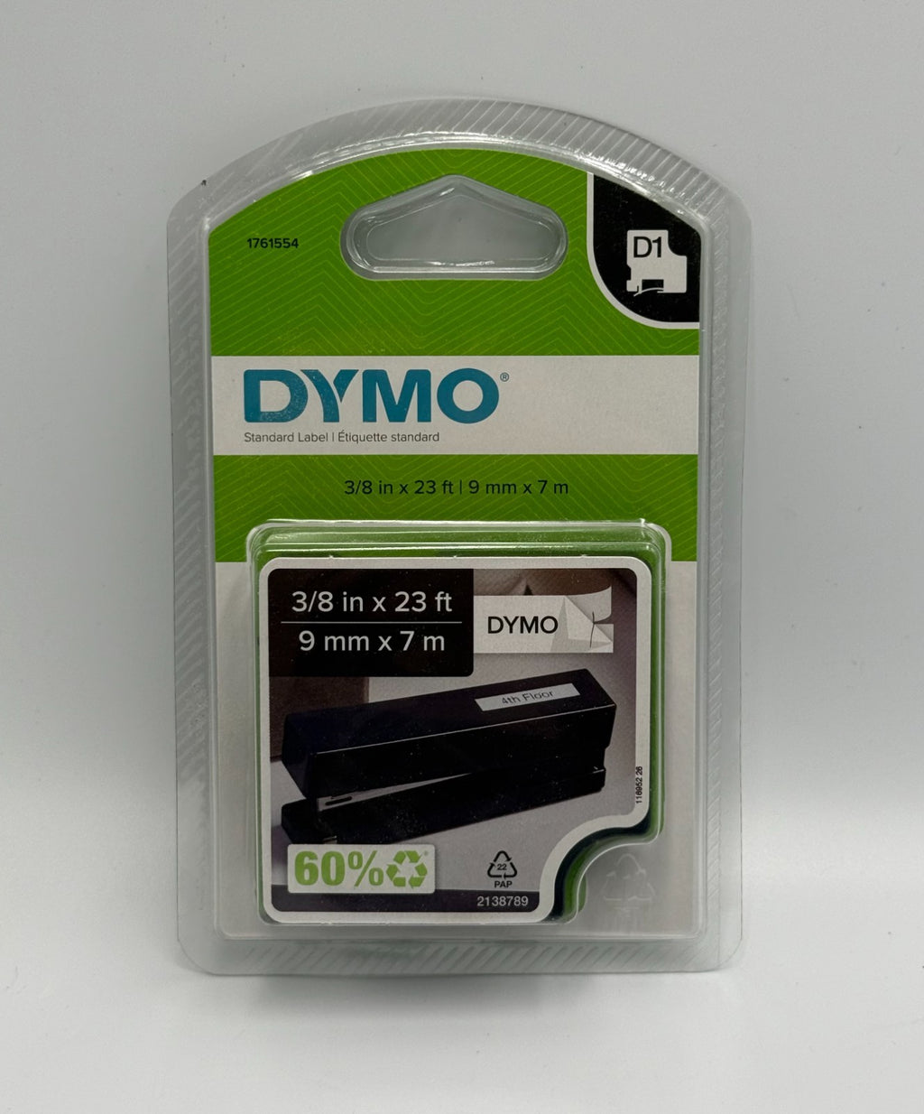 New DYMO D1 1761554 Standard Label Tape Black on White - 9mm 3/8" x 23ft