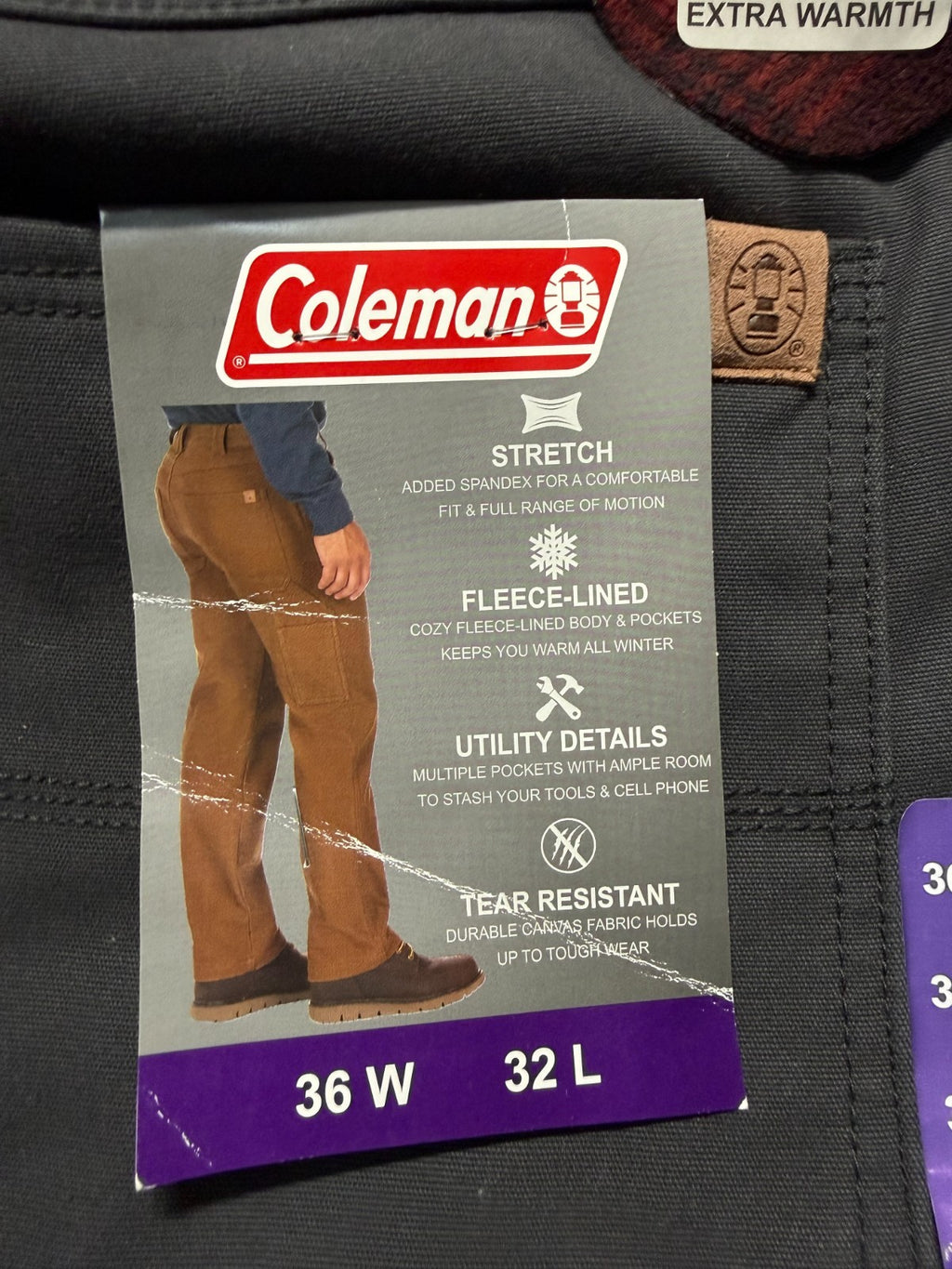 NWT Coleman Work Pants Men 36X32 Black Fleece Lined Straight Leg Pockets Pull-On