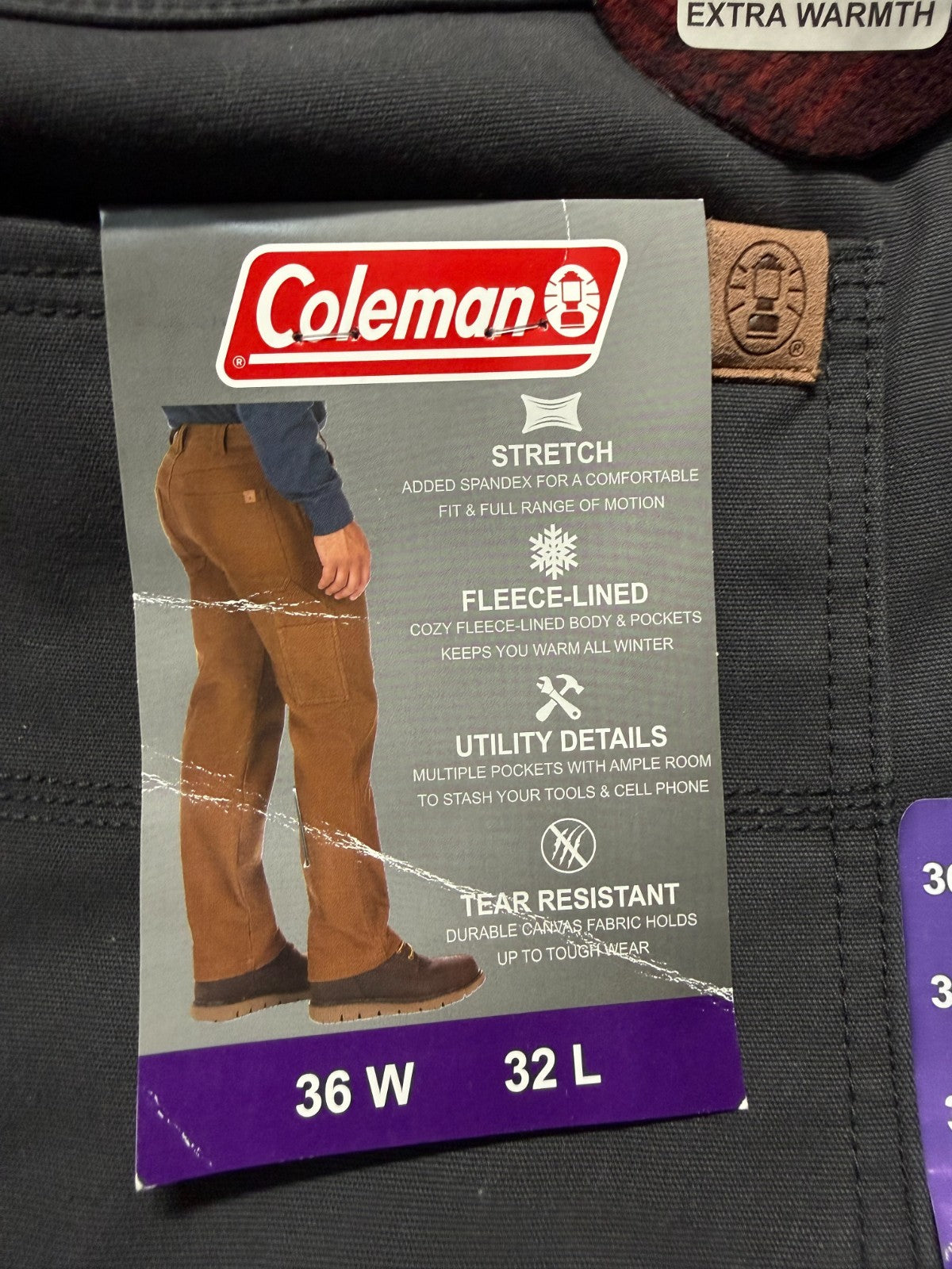 NWT Coleman Work Pants Men 36X32 Black Fleece Lined Straight Leg Pockets Pull-On
