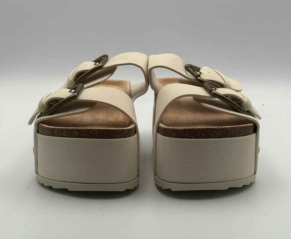 New Ziitop Double Buckle Flat Footbed Sandal Women's 7 Beige Leather Platform