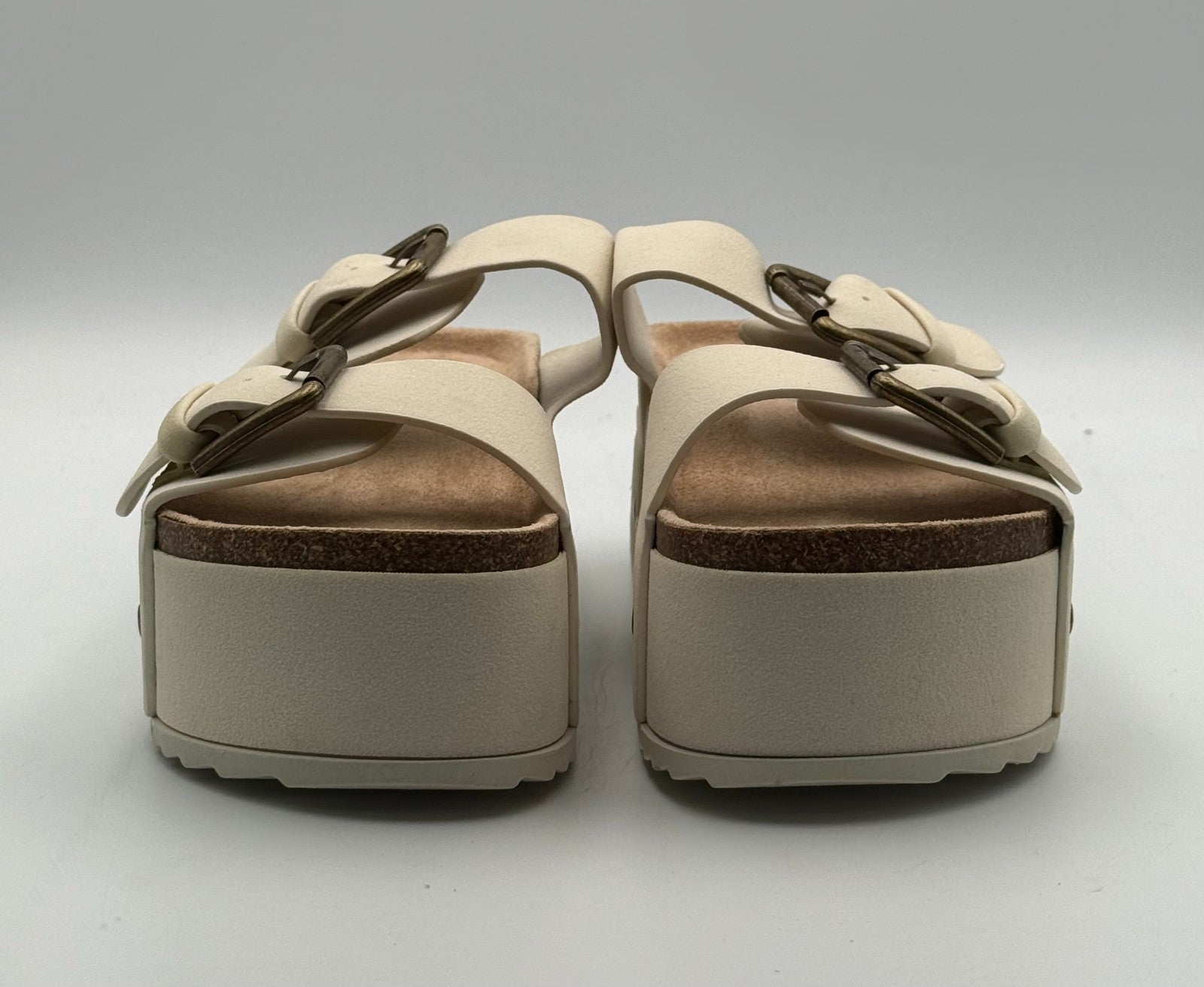 New Ziitop Double Buckle Flat Footbed Sandal Women's 7 Beige Leather Platform