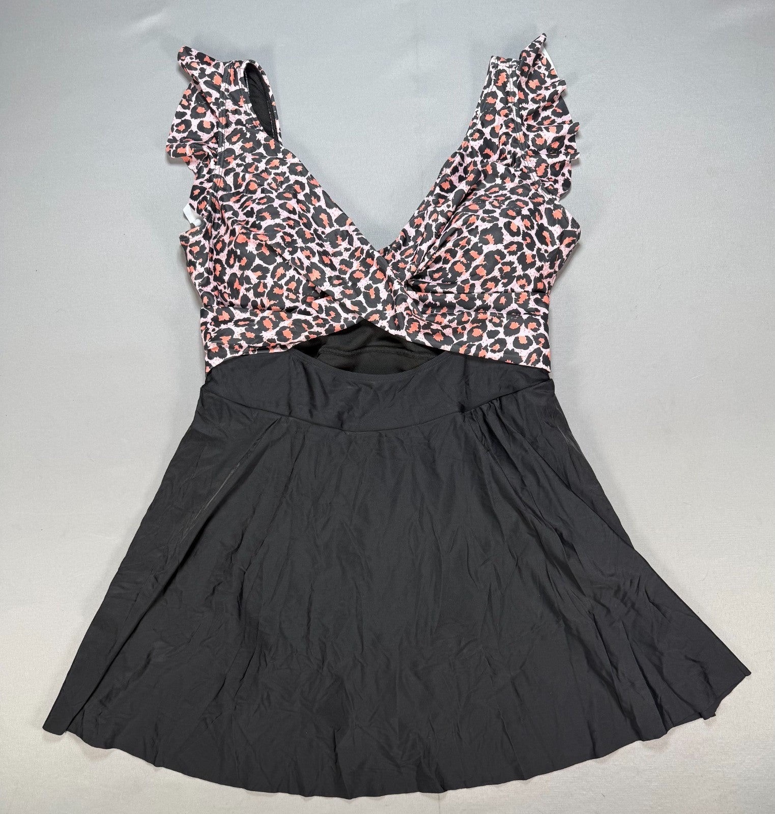 B2prity Cutout One Piece Skirt Swimsuit Women's 2XL Black Leopard V-Neck Cutout
