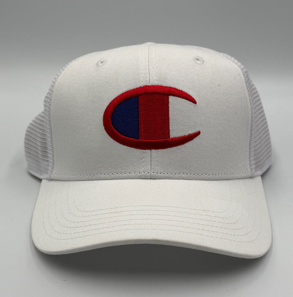 Champion Embroidered Logo Trucker Hat Men's White Mesh Adjustable Snapback Cap