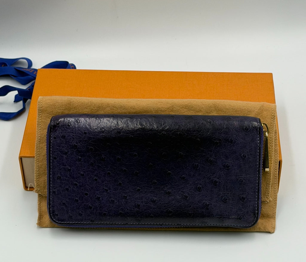 Louis Vuitton Monogram Zippy Organizer Wallet Women's Blue Ostrich Leather
