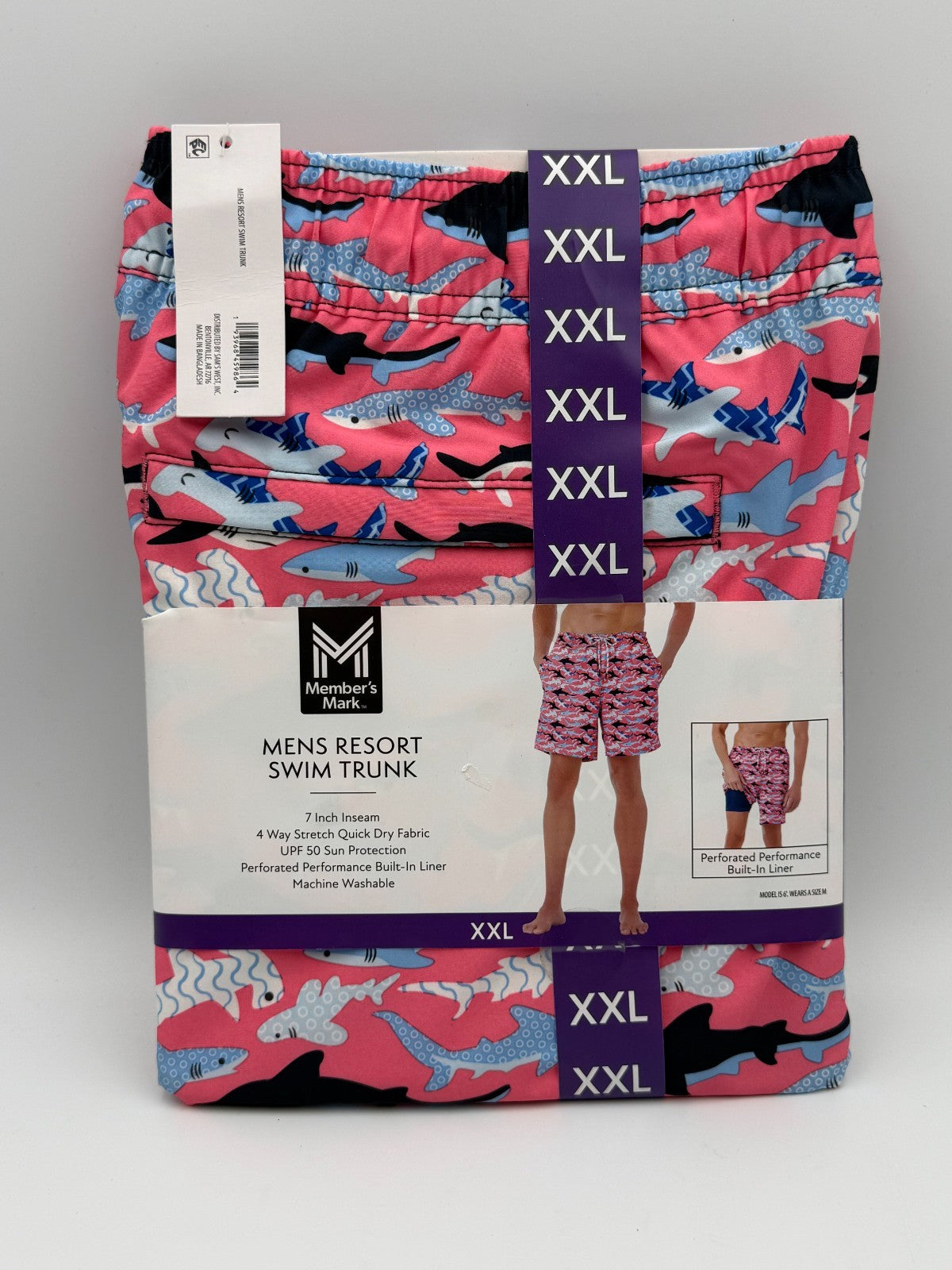 NWT Member's Mark Resort Swim Trunks Mens 2XL Pink Shark Print Drawstring Summer