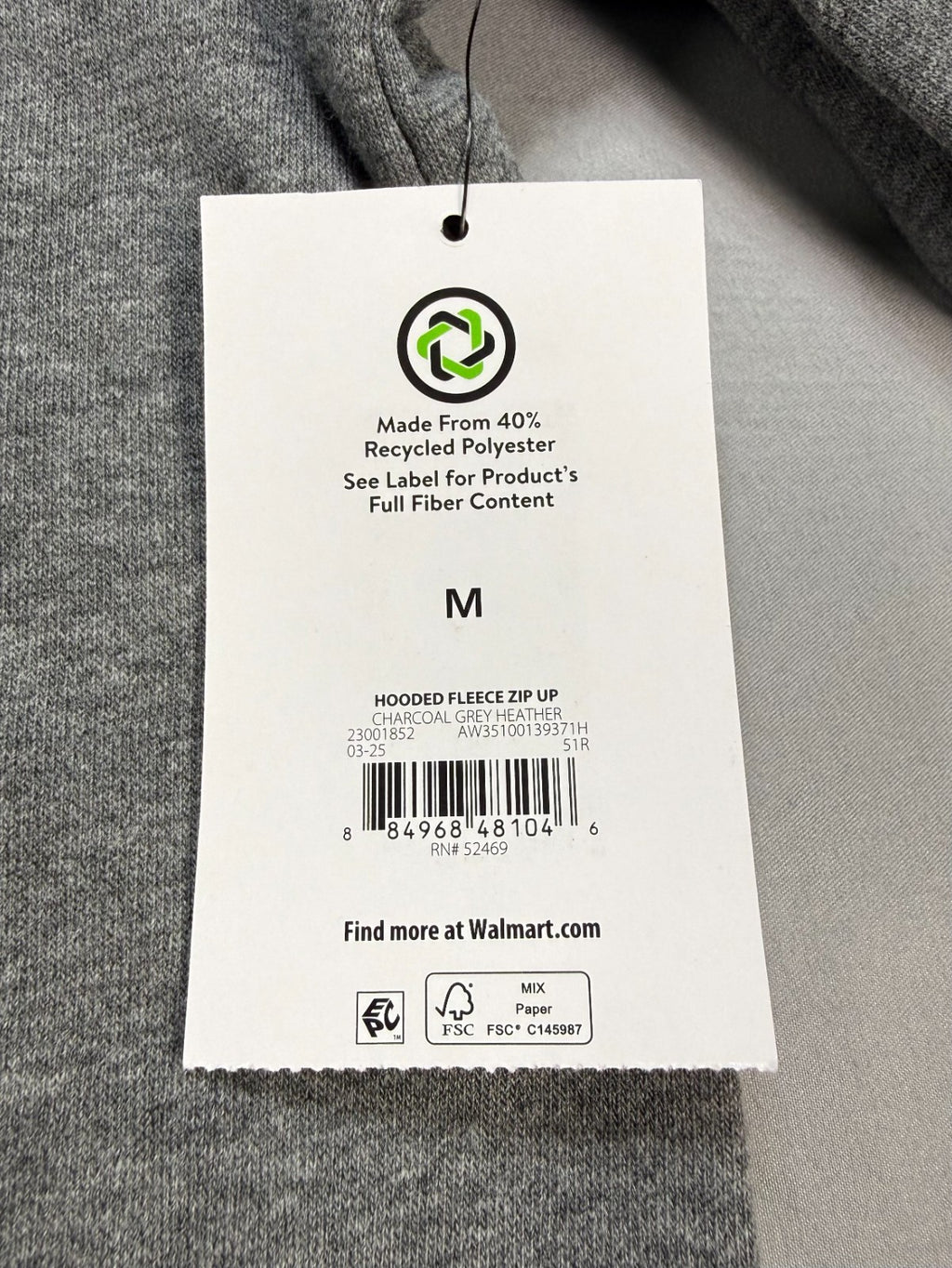 Athletic Works Fleece Full-Zip Hoodie Men's Medium Charcoal Gray Heather Outdoor