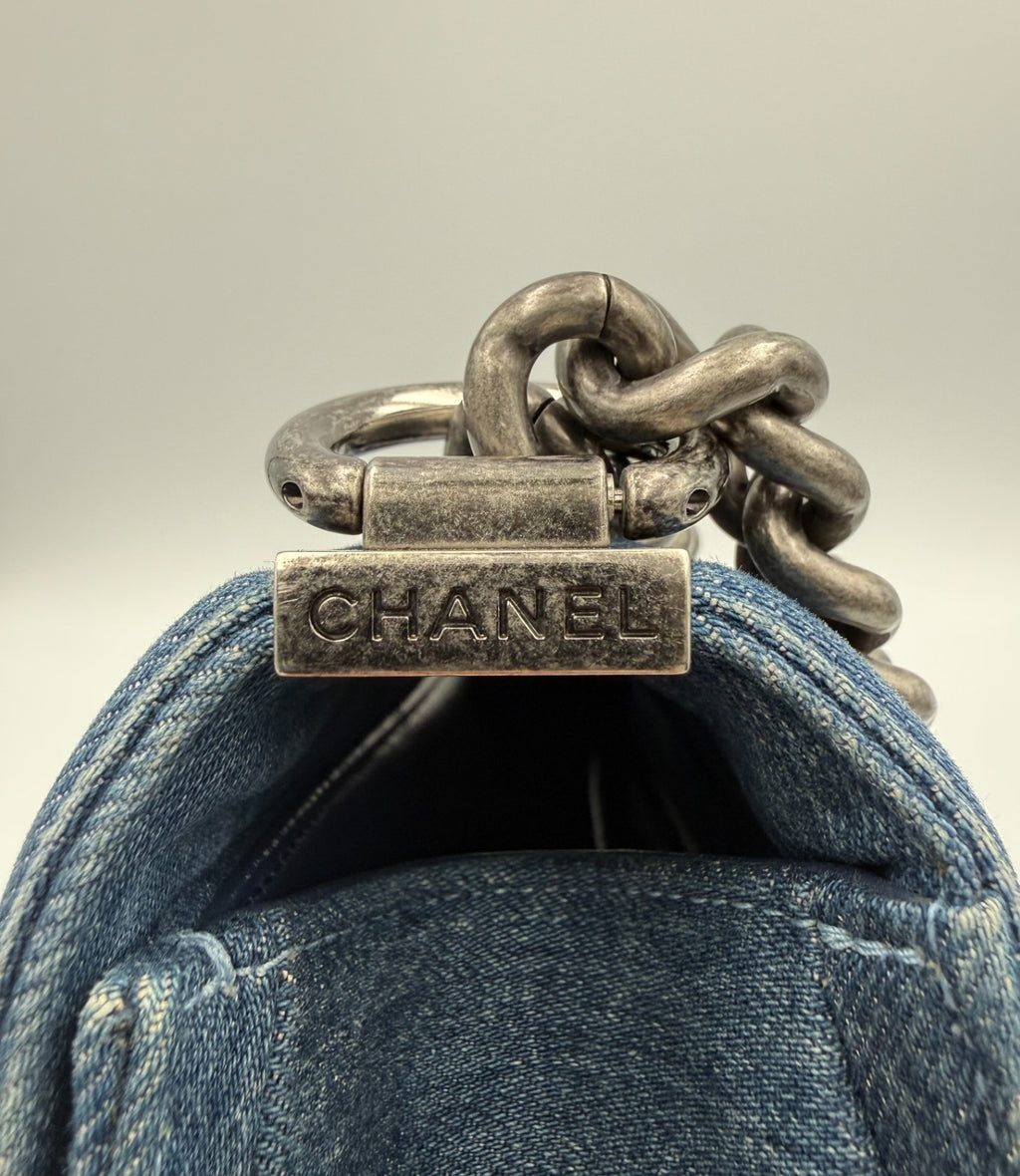 Chanel Shoulder Bag Boy Medium Navy Blue Denim Tweed Streetwear Authentic