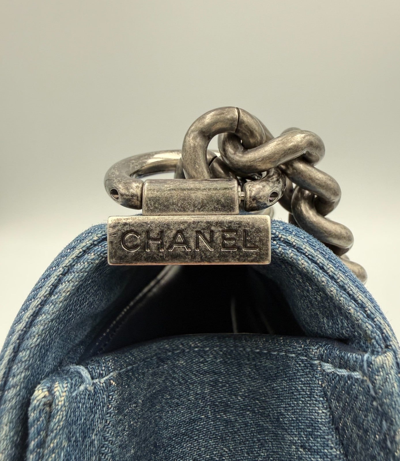 Chanel Shoulder Bag Boy Medium Navy Blue Denim Tweed Streetwear Authentic