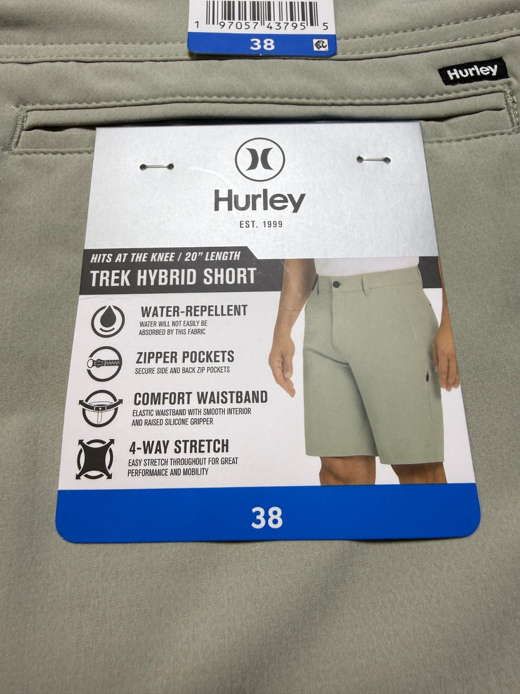 NWT Hurley All Day Hybrid Short Men's Size 38 Light Grey 4-Way Stretch Comfort
