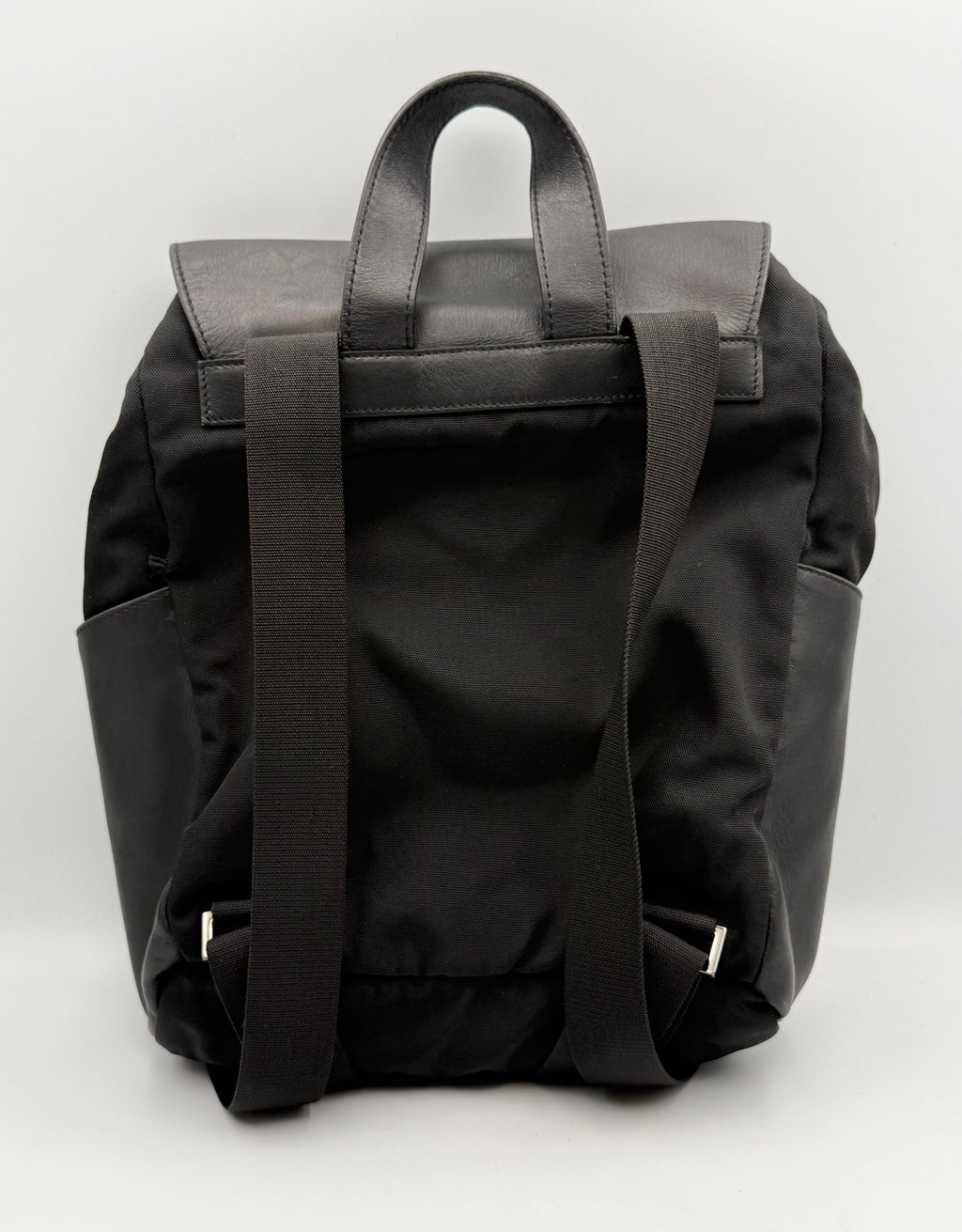 Gucci Backpack Unisex Nylon Leather Black Embossed Logo Flap Drawstring Buckle