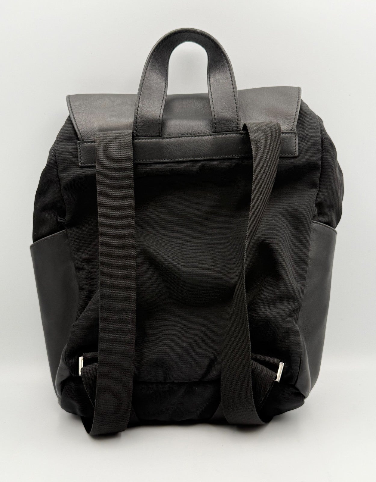 Gucci Backpack Unisex Nylon Leather Black Embossed Logo Flap Drawstring Buckle