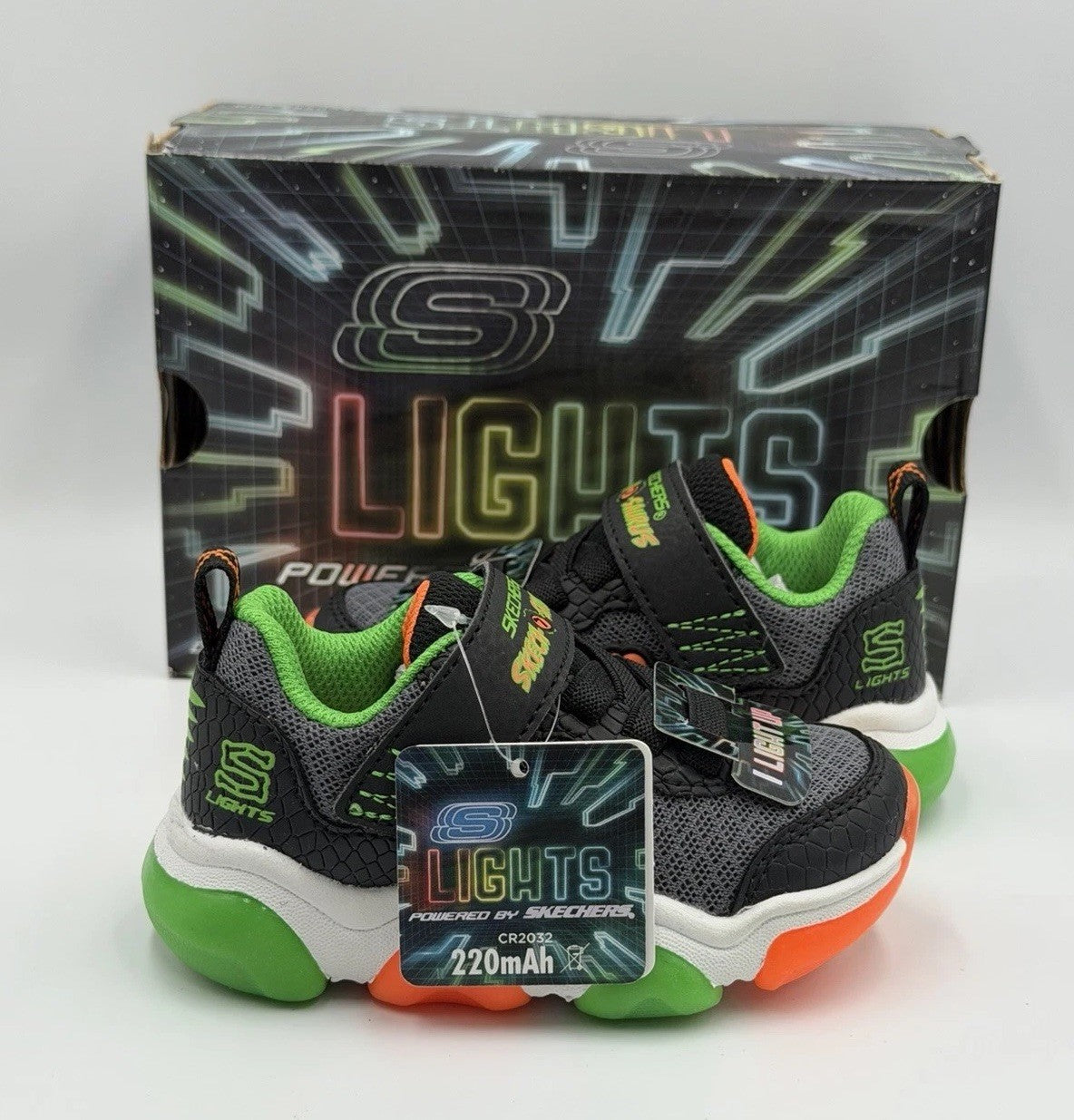 Skechers S Lights Mighty Glow 2.0-Dino Bolt Black Toddler Size 5 NEW WITH BOX