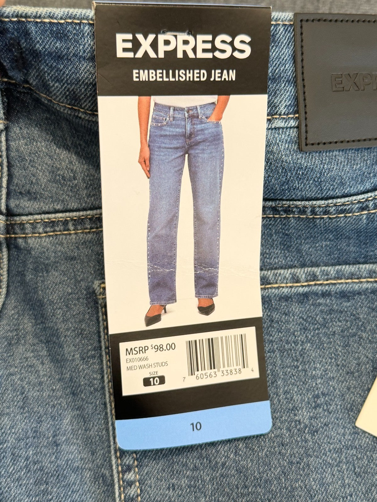 NWT Express Embellished Jeans Women's 10 Blue Denim Straight-Leg Casual 5-Pocket