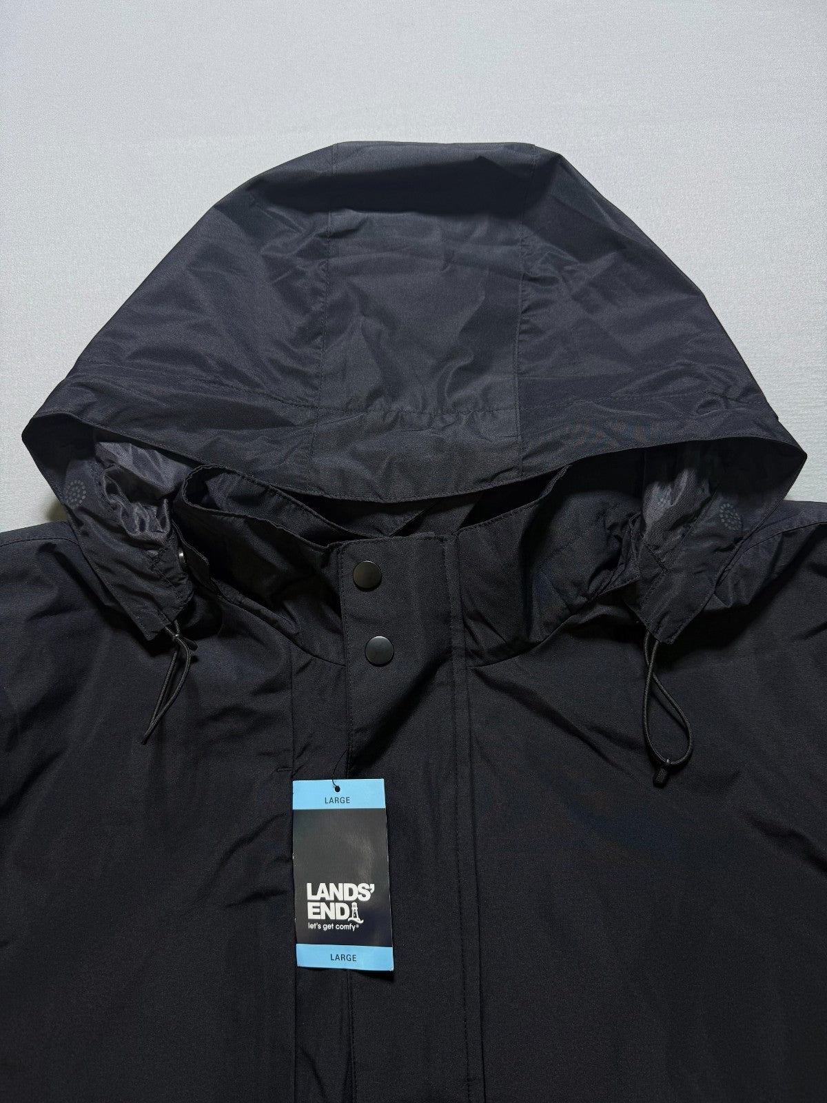 NWT Lands End Waterproof Hooded Rain Jacket Women Large Black Long Sleeve Zipper