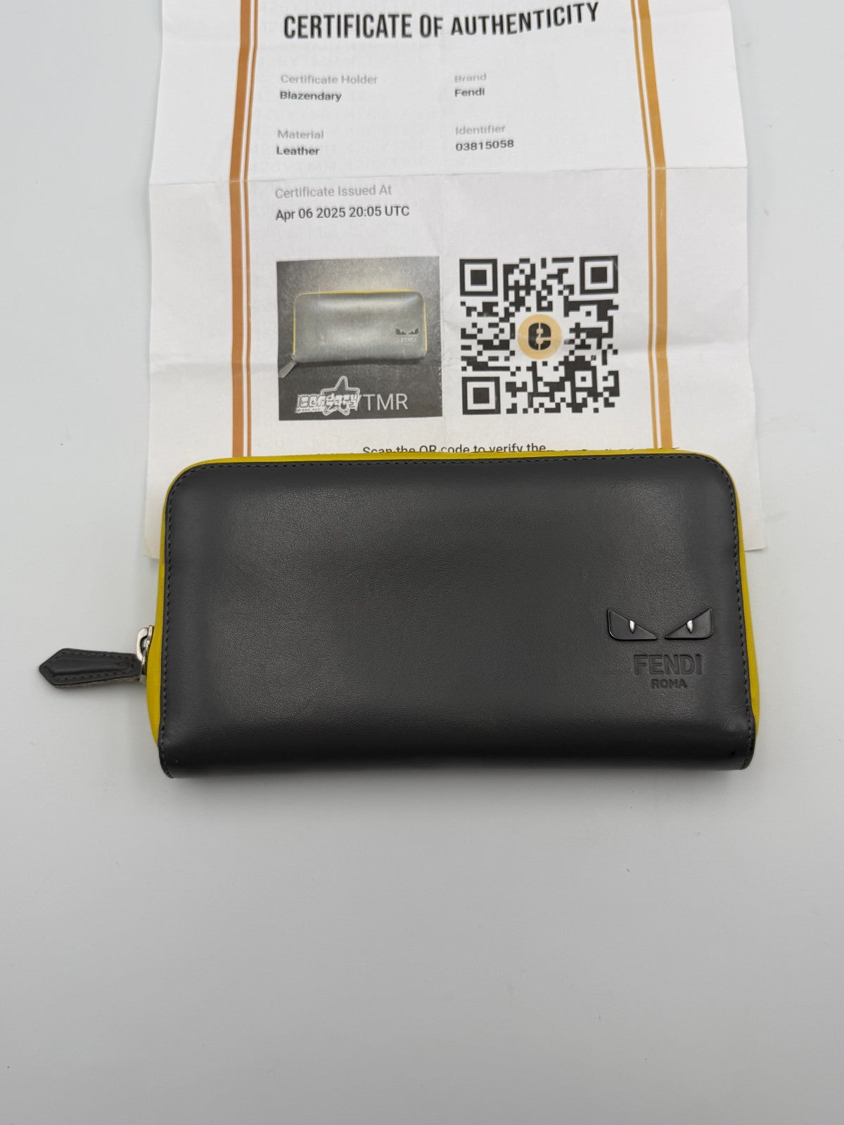 Fendi Monster 7M0210 Bug Eyes Zip Around Long Wallet Black Leather Yellow Trim