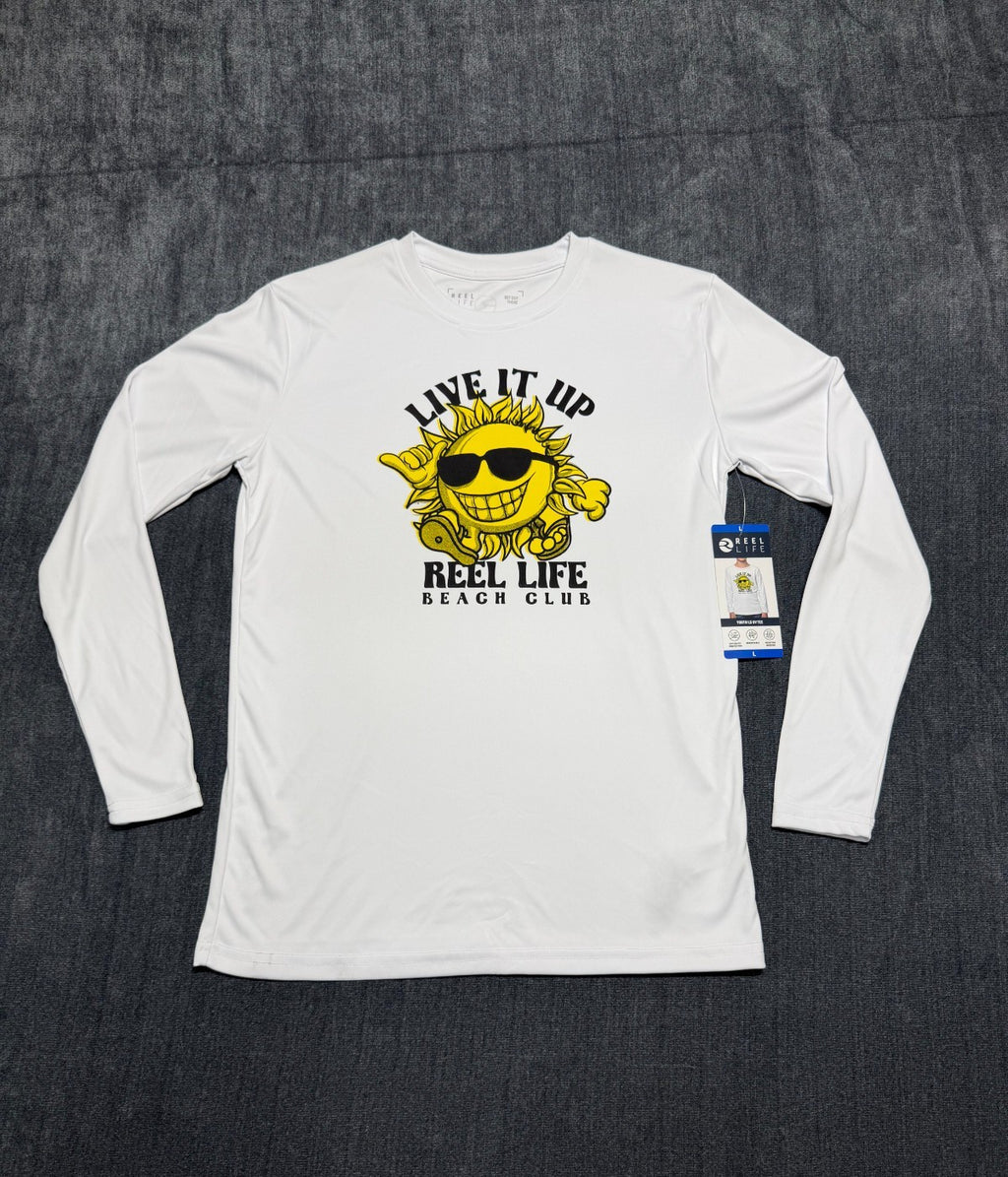 NWT Reel Life Beach Club UV T-Shirt Boys Large White Graphic Print Long Sleeve