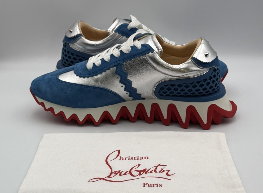 Christian Louboutin Loubishark Flat Ludwig Blue Suede Silver Size 40.5 EU 7.5 US