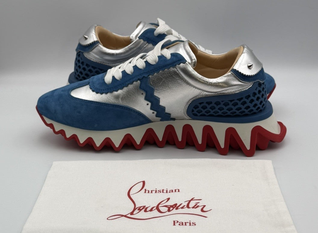 Christian Louboutin Loubishark Flat Ludwig Blue Suede Silver Size 40.5 EU 7.5 US