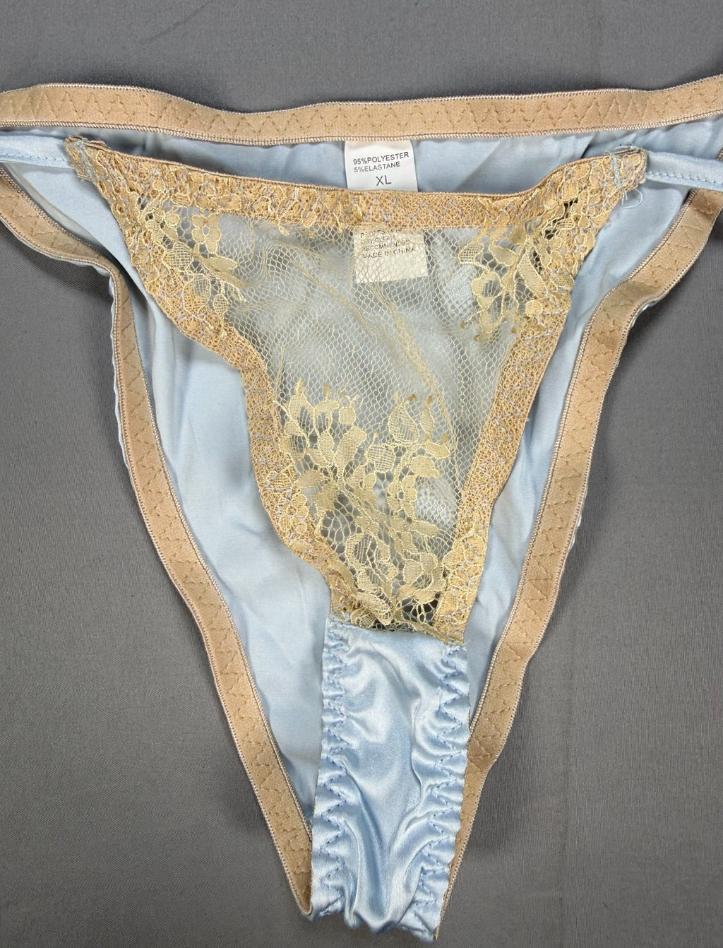 New Womens XL Light Blue Satin Lace G-String Thong Panties Sexy Sheer Underwear
