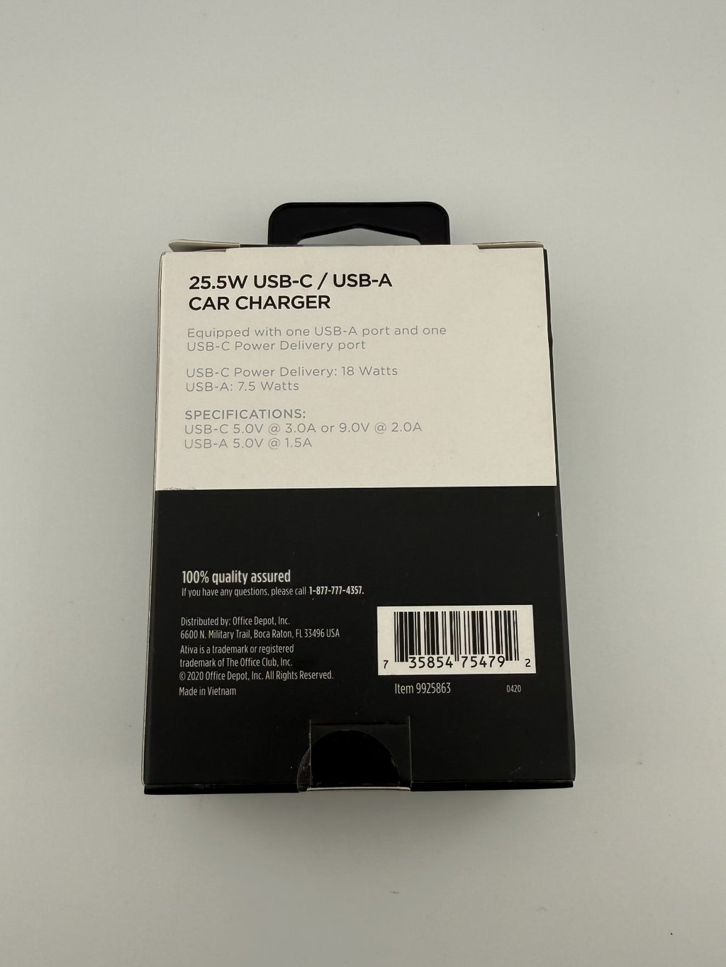 NEW Ativa Black Fast 18W Power Delivery Adapter 25.5W USB-C / USB-A Car Charger