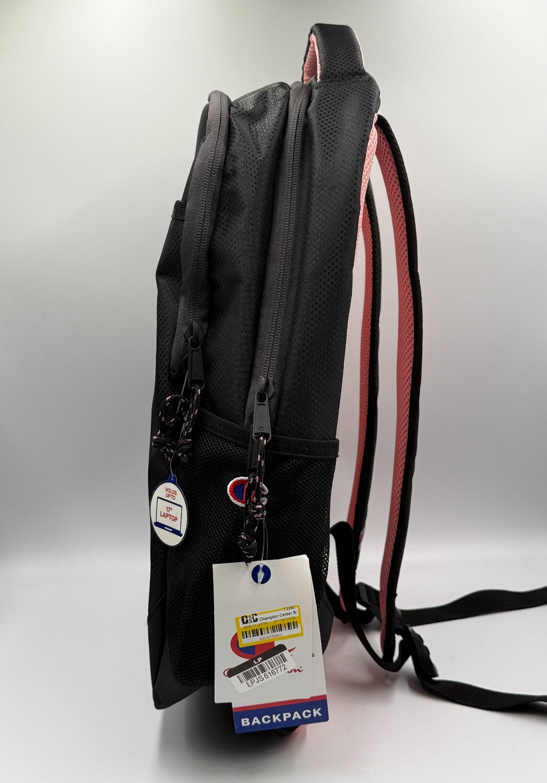 NWT Champion Center Backpack Black Pink Outline Logo Fits 17" Laptop School Bag