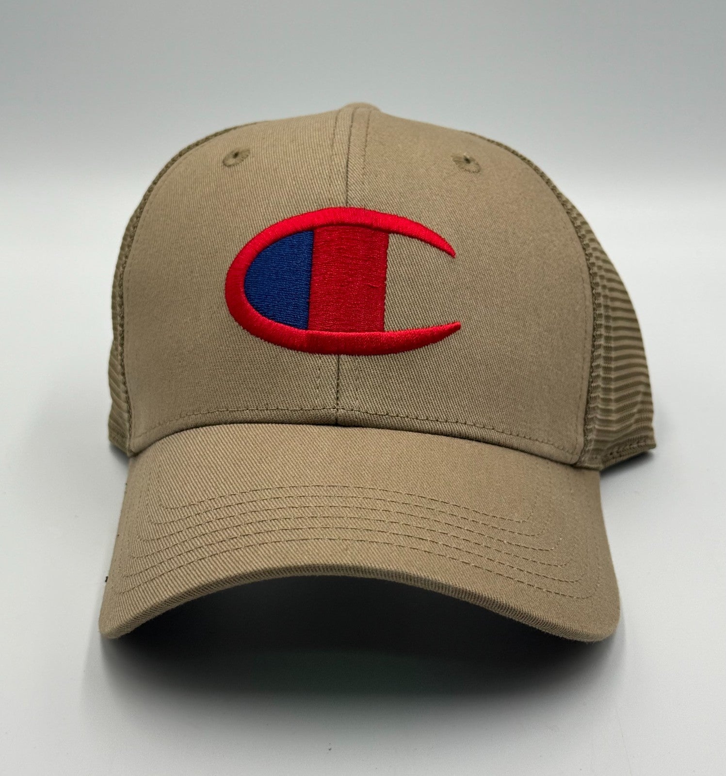 Champion Logo Trucker Hat Men's Khaki Mesh Adjustable Snapback Cap Sports Summer