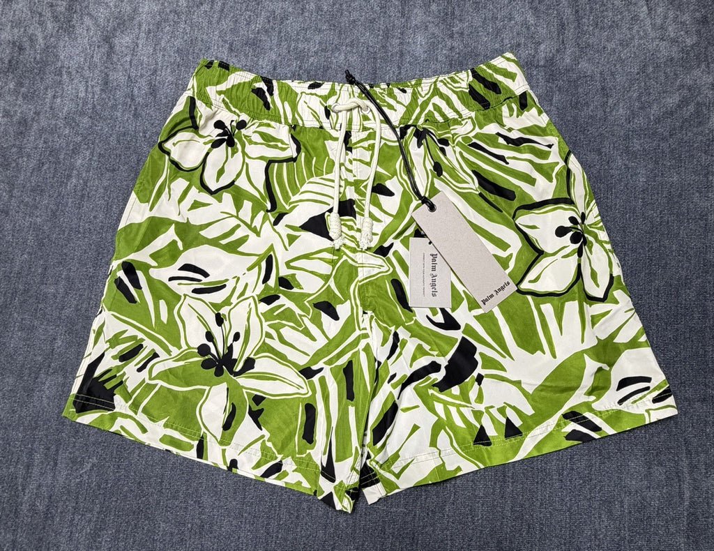 NWT Palm Angels Macro Hibiscus Swim Shorts Men Large Green/White 100% Polyester