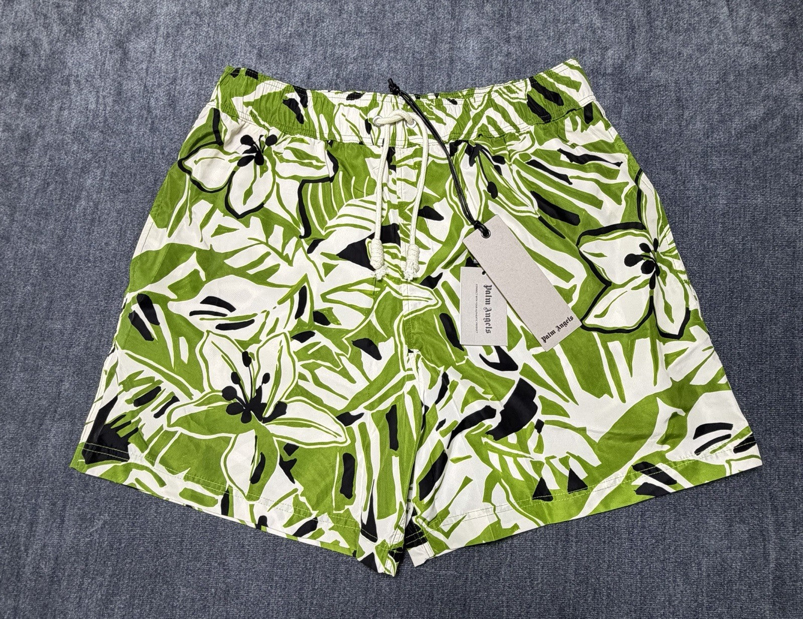NWT Palm Angels Macro Hibiscus Swim Shorts Men Large Green/White 100% Polyester