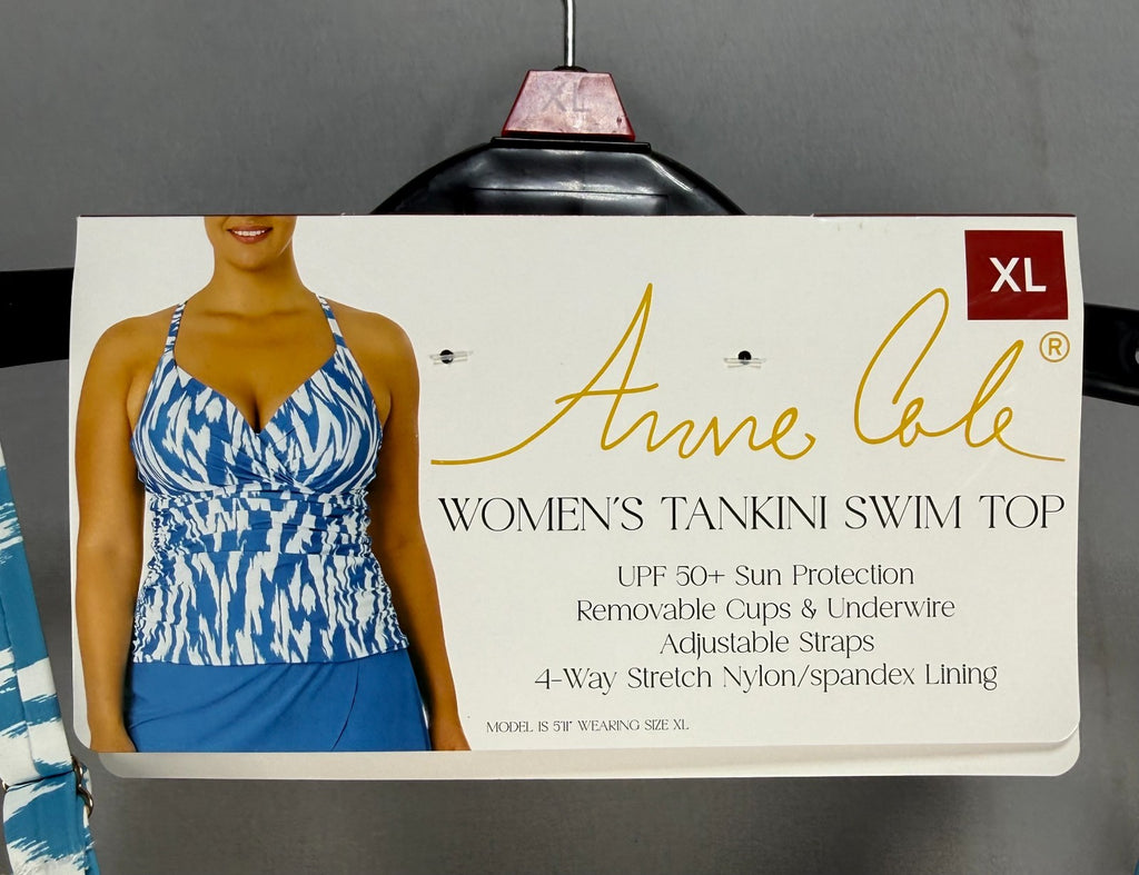 NWT Anne Cole Limited Edition Tankini Top Women's XL Blue White Sleeveless Top