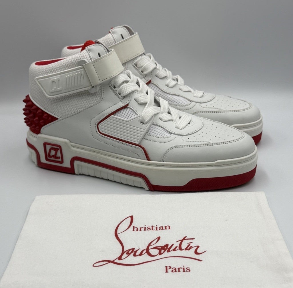 CHRISTIAN LOUBOUTIN White Red Astroloubi Spike Mid Top Sneakers 41.5 EU; 8.5 US