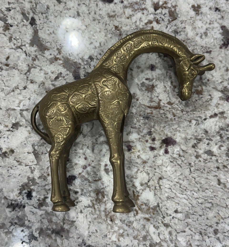 Vintage Solid Brass Giraffe Figurine Statue 8.75” InTall And 9” Long NICE!!