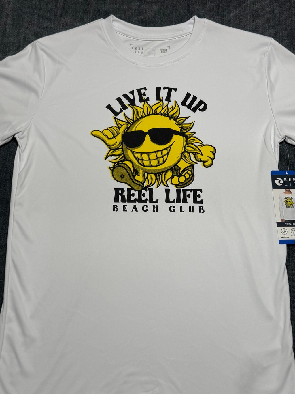 NWT Reel Life Beach Club UV T-Shirt Boys Large White Graphic Print Long Sleeve