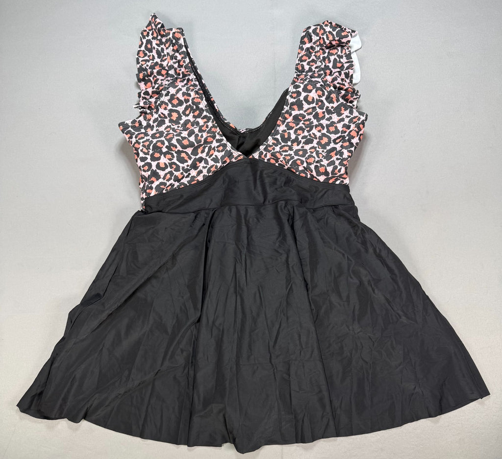 B2prity Cutout One Piece Skirt Swimsuit Women's 2XL Black Leopard V-Neck Cutout