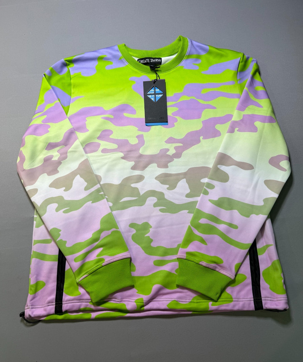 NWT Create 2MRW Crew Neck Sweatshirt Men XL Lime Camo Long Sleeve w/ Ribbed Hems