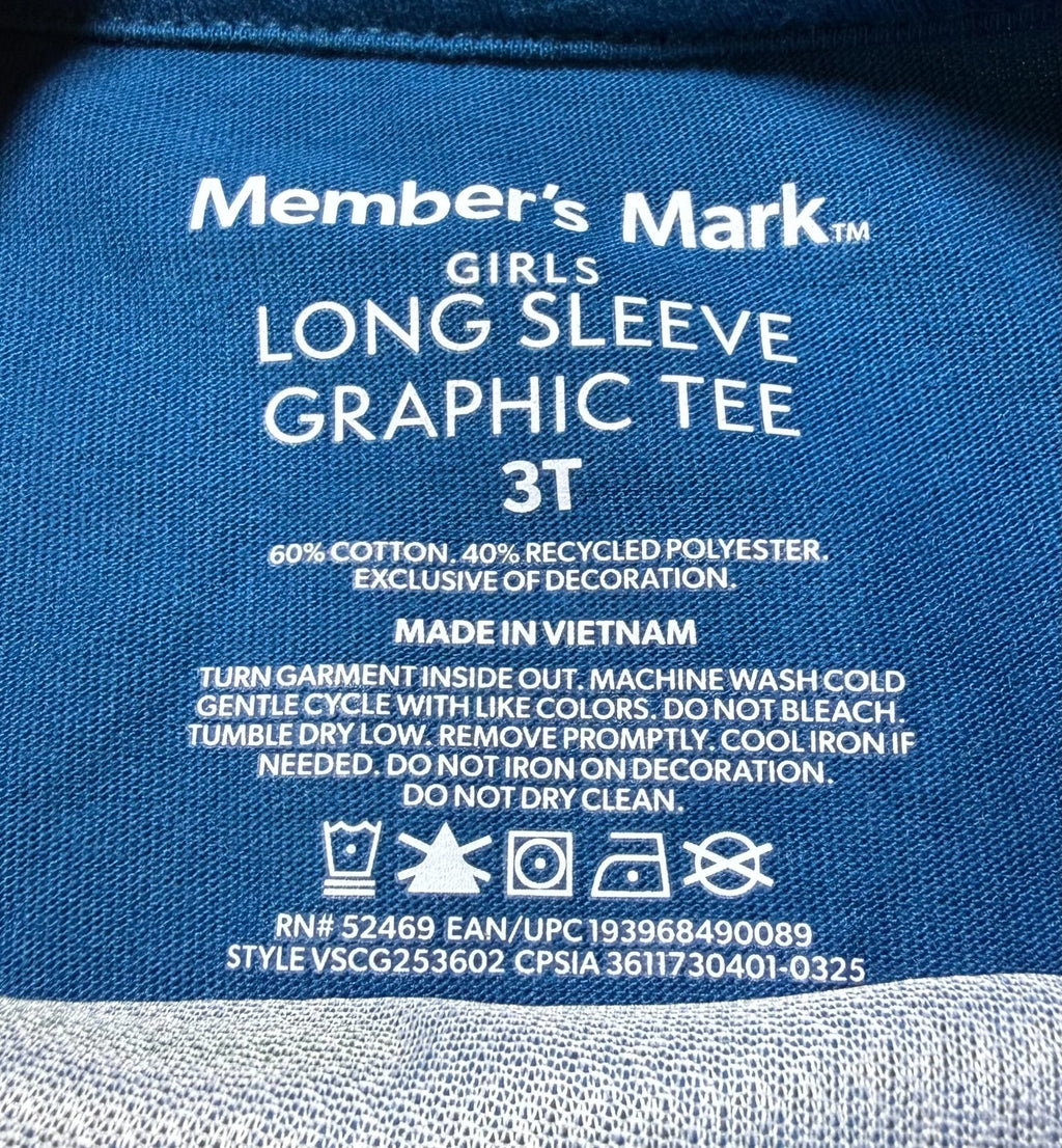 NWT Member's Mark Long Sleeve Tee Girls 3T Blue Floral Embroidered Casual Wear