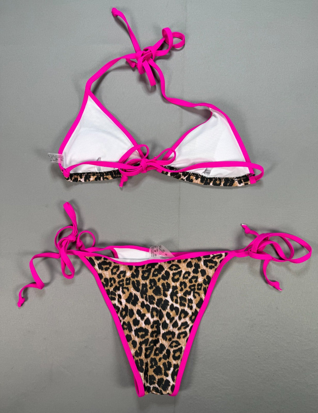Women's Leopard Print Bikini Set Medium Pink Trim Triangle Top High Cut Bottoms
