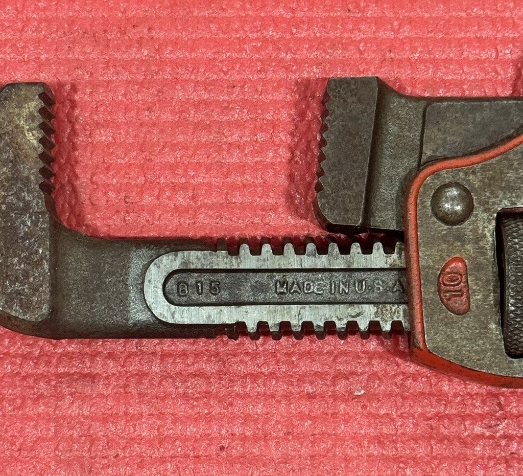 Vintage 10M 10" Adjustable Pipe Wrench B15 Heavy Duty Red Handle Made in USA