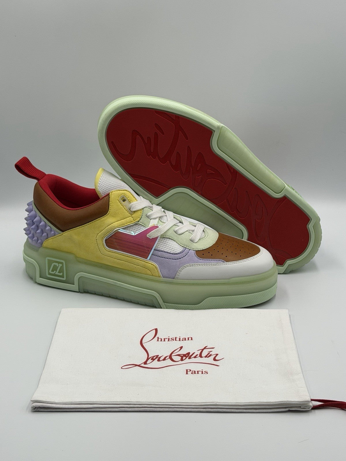 Christian Louboutin Calf Loubi Flat Sneakers Green/Lilac Size 43.5 EU; 10.5 US