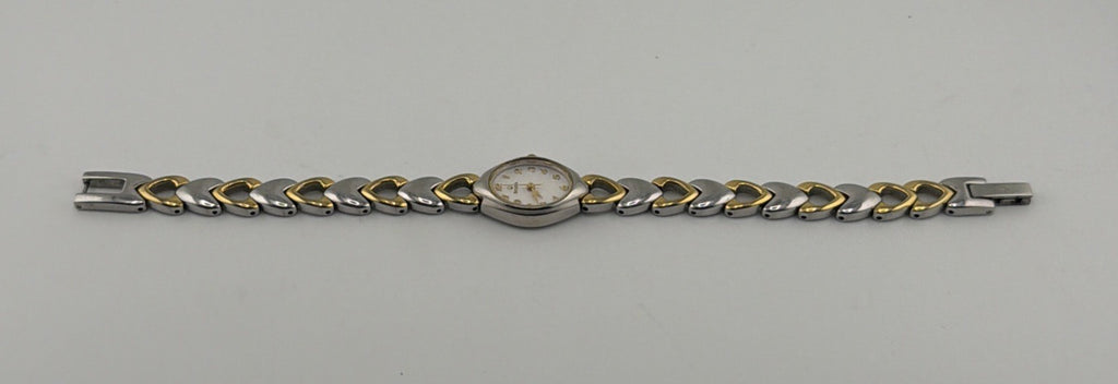 Bulova Womens Two Tone Heart Link Bracelet Quartz Watch Oval Dial