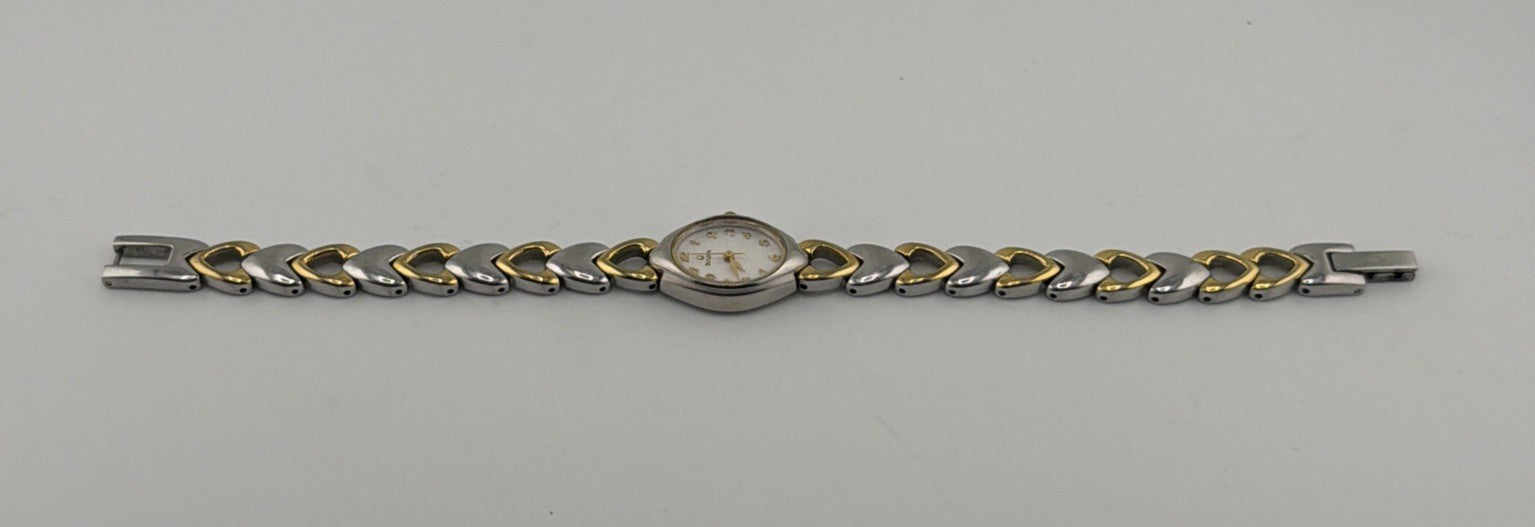 Bulova Womens Two Tone Heart Link Bracelet Quartz Watch Oval Dial