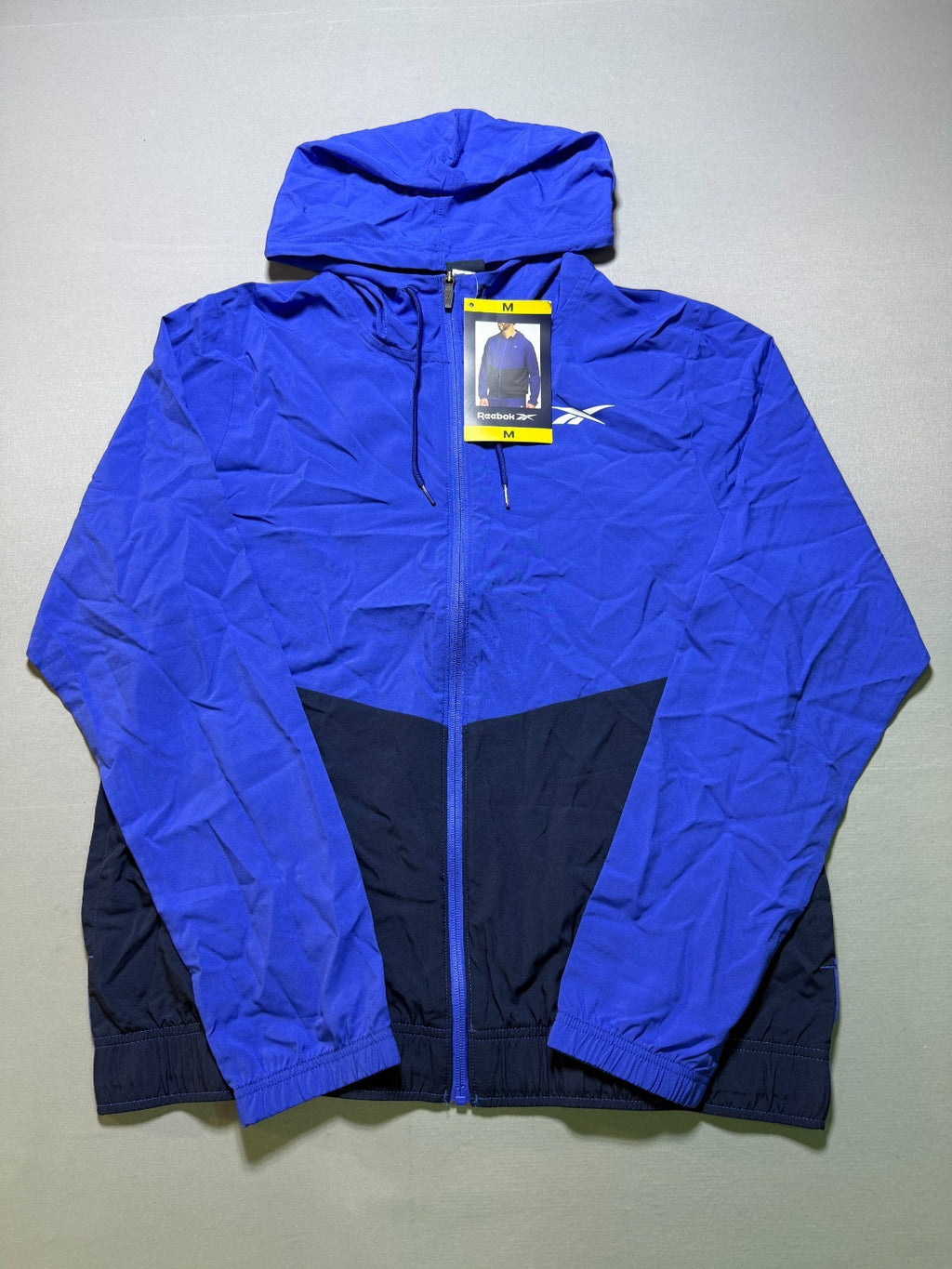 Reebok Full Zip Colorblock Adjustable Hood Training Woven Jacket Men Medium Blue