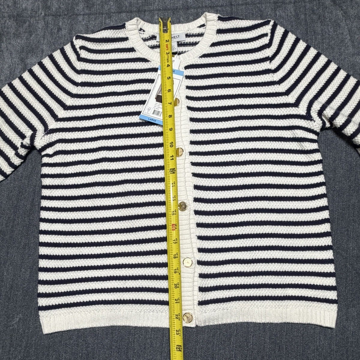 NWT Nine West Cropped Cardigan Sweater Women's Large White Navy Striped Classic