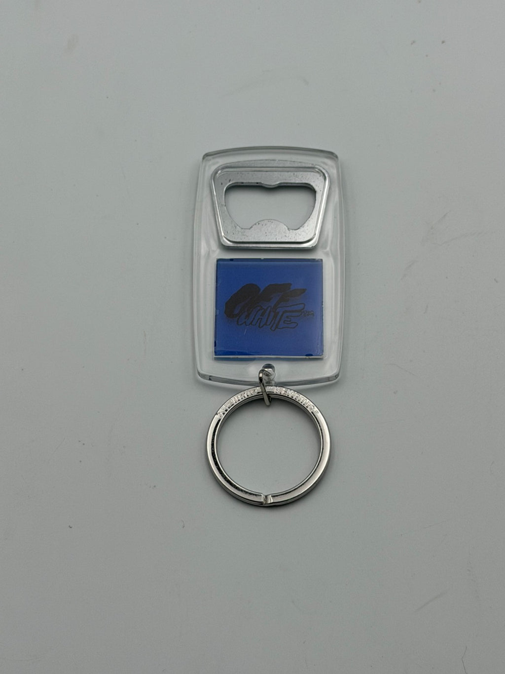 New Off-White Spray Typo Transparent Blue Keychain Bottle Opener - One Size